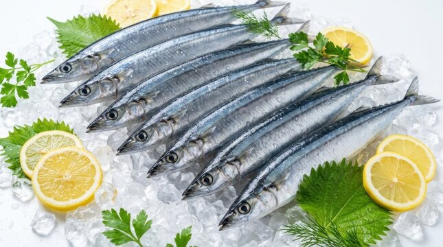 Freshly caught saury fish arranged on ice with lemon and parsley garnishes, ready for preparation.