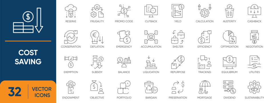 Cost Saving Icon Set. Containing Cost, Reduce, Efficiency, Optimization, Budget, Expense and more. Editable vector Line icons collection.