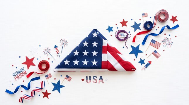 High angle view of a folded triangular American flag surrounded by festive July 4th decorations, ribbons, miniature flags, and paper stars on a white table.