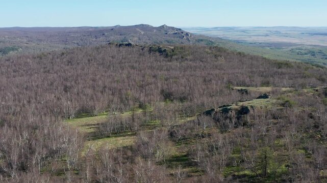 Urals in spring: Irendyk ridge, Mount Karatashmas. Aerial view.