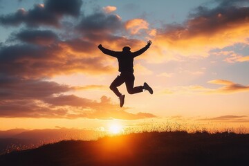 Fototapeta premium silhouette of a person leaping on a grassy hill at sunset with arms raised, dramatic golden sky and clouds conveying joy and freedom