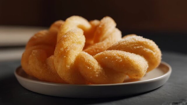 Freshly Baked Twisted Sugar Donut on a White Plate Close-Up