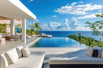 Fototapeta premium Contemporary vacation home infinity pool ocean view luxury villa coastal landscape modern terrace tropical garden blue sky outdoor lounge sea horizon
