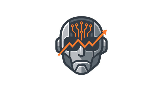 A striking flat vector logo of a robot head with orange circuit lines