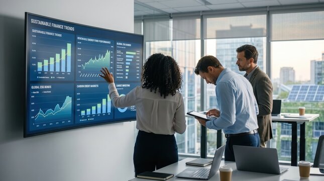Finance professionals reviewing sustainable finance trends on large wall screen, ESG investment analysis, global bond markets, carbon credit data, corporate sustainability metrics
