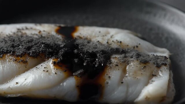 Gourmet white fish fillet with black balsamic glaze and seasoning