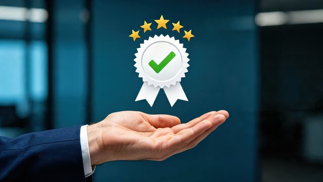 Hand presenting quality assurance badge with five stars and green checkmark, certification symbol, excellence award icon, customer satisfaction guarantee