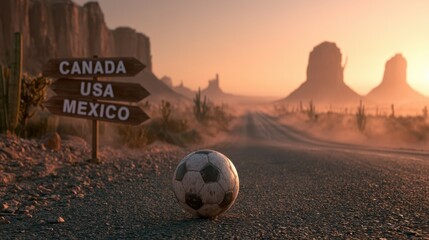 Soccer ball on a road sign marking borders of Canada, USA, and Mexico at sunset