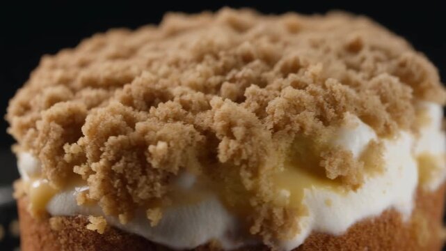 Macro shot of a layered dessert cake with whipped cream and streusel crumble topping.