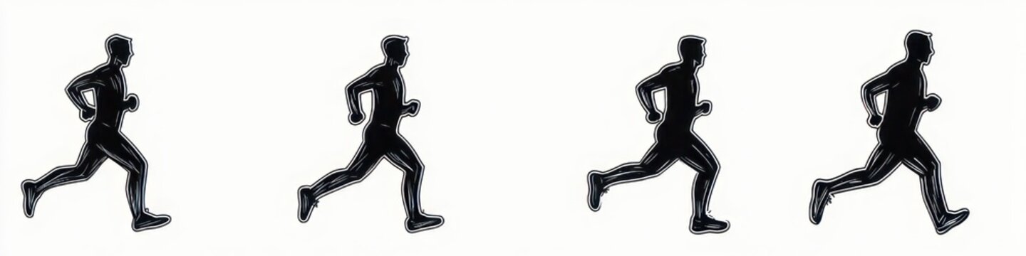 Four black running silhouettes in sequence on a white background conveying dynamic motion and energetic stride