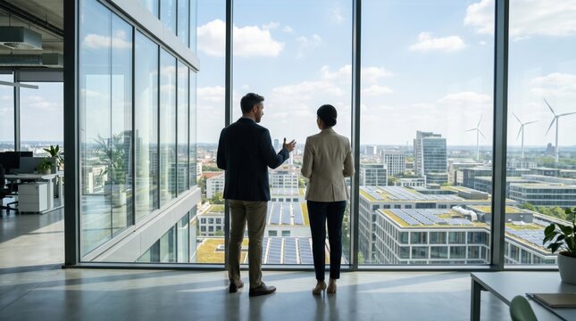 Business people discussing renewable energy solutions while looking at solar panels and wind turbines from high rise office window