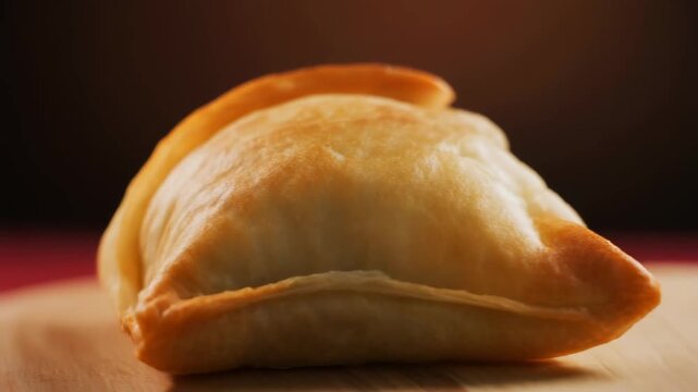 Golden brown puff pastry turnover on wooden board