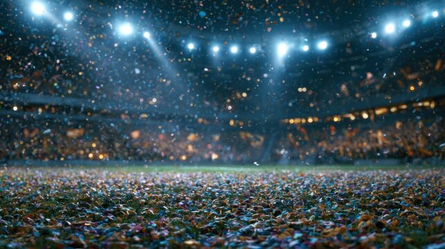 Celebration on the field after a sports event with colorful confetti and cheering crowd at a large stadium
