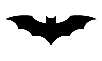 Fototapeta premium Minimalist silhouette of a flying bat with symmetrical outstretched wings in a clean iconic flat design isolated on a white background, Halloween animal concept