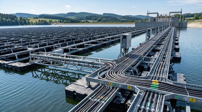 Aerial view of large floating solar photovoltaic power plant on reservoir water surface, renewable clean energy infrastructure