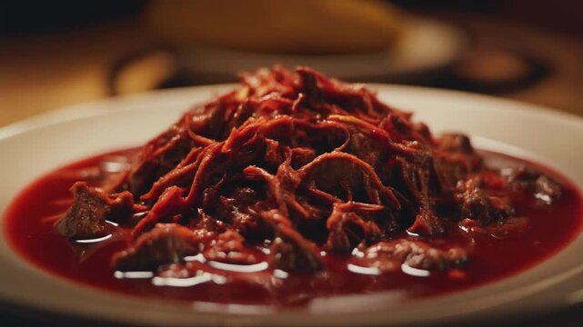 Close-up of Traditional Ropa Vieja Shredded Beef Stew in a Rich Red Sauce on a White Plate
