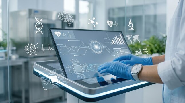Scientist working with DNA and brain data on futuristic touchscreen, biotechnology research, genetic engineering laboratory, medical innovation, advanced science technology