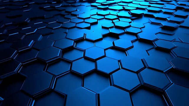 Abstract background of dark blue metallic hexagonal shapes with soft lighting.