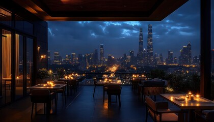 Fototapeta premium candlelit rooftop terrace with empty tables and chairs overlooking illuminated city skyline at serene moody blue-hour dusk
