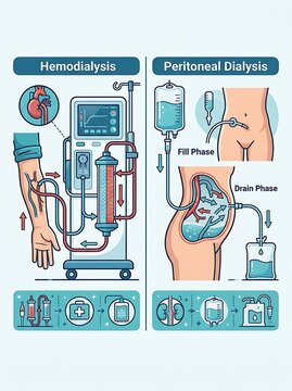Medical infographic comparing hemodialysis and peritoneal dialysis