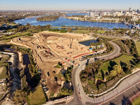 Aerial View of Major Construction Site Along the Swan River with Perth Skyline, Western Australia