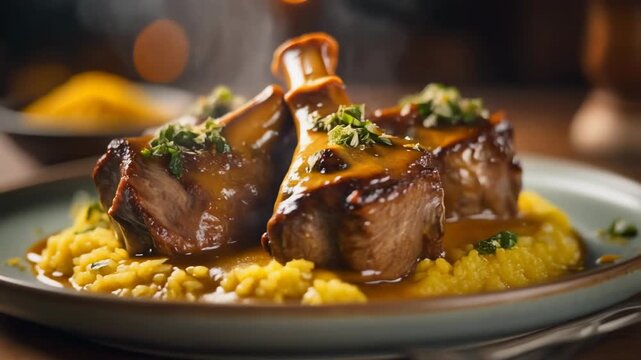 Slow-cooked braised lamb shanks with rich gravy and saffron risotto