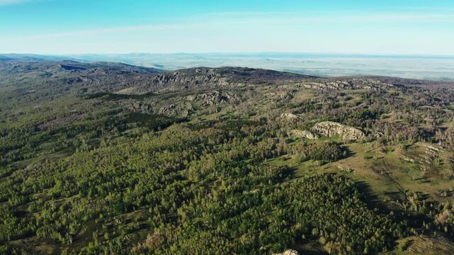 Urals in spring: Irendyk ridge, Mount Karatashmas. Aerial view.