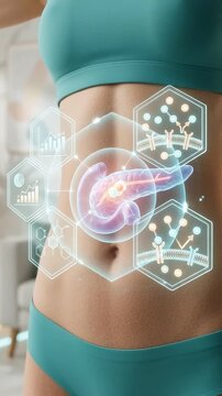3d insulin resistance body interface concept showing pancreas molecular structure and digital medical data visualization on female abdomen in teal sportswear for health wellness