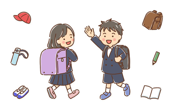 ランドセルを背負った小学生の男の子と女の子・学用品セット