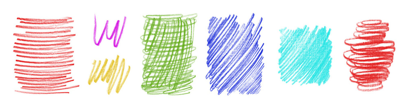 Set of rough colored pencil scribble patterns, isolated on transparent cutout background