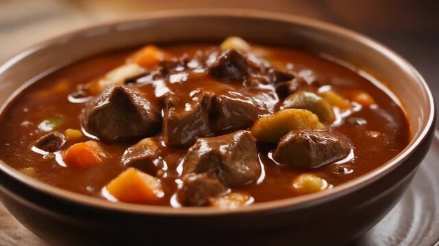 Hearty Homemade Beef Stew with Tender Meat Chunks, Carrots, and Rich Gravy in a Ceramic Bowl