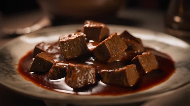 Tender beef goulash cubes in rich brown gravy on a ceramic plate.