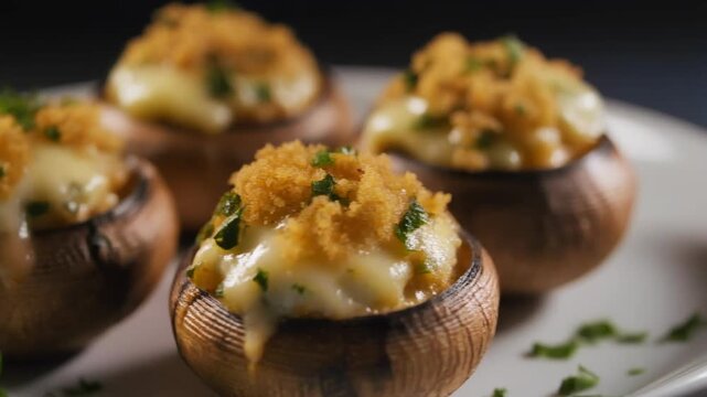 Delicious Roasted Stuffed Mushrooms with Melted Cheese and Crispy Breadcrumb Topping on a Plate