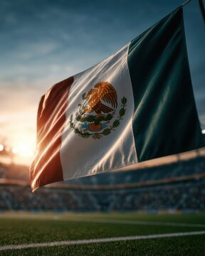 Mexico flag waves during a soccer game at a stadium filled with fans in the evening