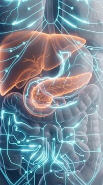 3d insulin resistance body interface glowing network highlighting liver pancreas glucose metabolism hormone regulation complex biological system metabolic function