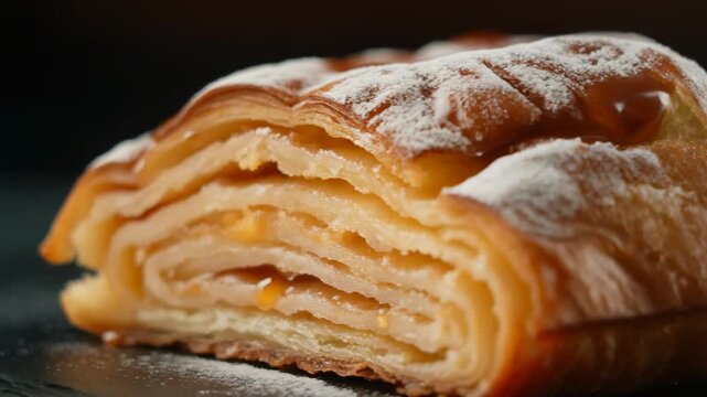 Macro shot of layered pastry with powdered sugar and sweet filling.