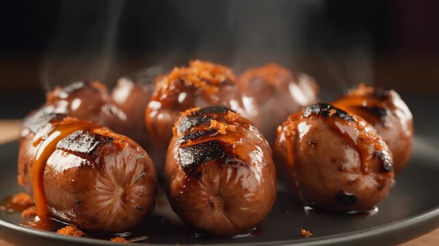 Succulent Grilled Mini Sausages with Honey Glaze and Steam Rising on a Dark Plate