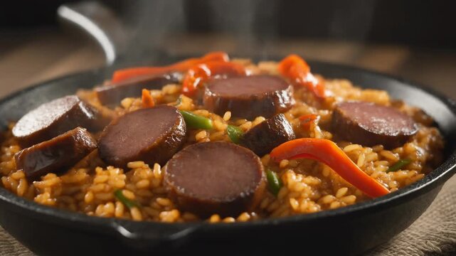 Steaming Hot Cajun Jambalaya with Smoked Sausage and Bell Peppers in a Cast Iron Skillet