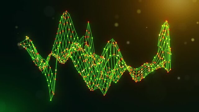 Cinematic motion animation revealing a wavy neural network shaped as Mexico with glowing green, yellow, and orange nodes, soft bokeh background, and Connected Intelligence text appearing dynamically.