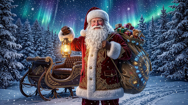 A portrait of Santa Claus standing in a magical winter wonderland at night.