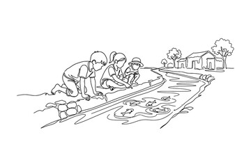 Obraz premium Three children kneeling by a stream observing fish in the water.