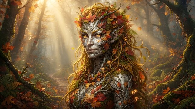 Ilustrasi Makhluk Fantasi Wanita Pohon Dengan Hiasan Daun Musim Gugur Di Hutan