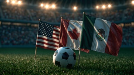 Naklejka premium Flags of the United States, Canada, and Mexico with a soccer ball on the field during a sports event in a stadium