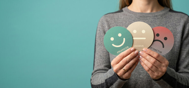 Hands Holding Net Promoter Score Feedback Cards with Promoter, Passive, and Detractor Faces on Teal Background