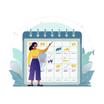 Woman pointing at calendar in flat vector illustration