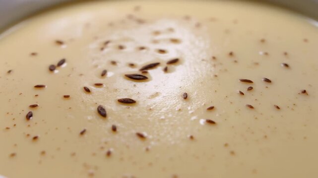 Macro Close-Up of Creamy Vegetable Puree Soup Garnished with Caraway Seeds
