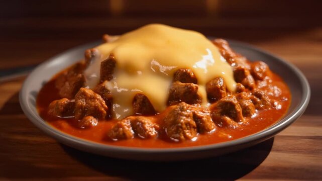 Beef Stew Chunks with Creamy Cheese Sauce on Plate