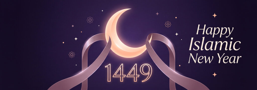Happy Islamic New Year 1449 with Crescent Moon and Stars