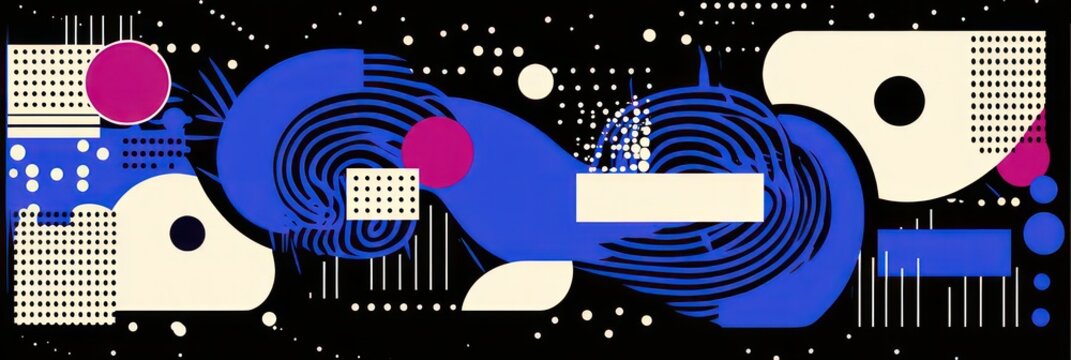 Energetic abstract geometric composition with bold blue ribbon waves, cream rounded shapes, magenta circles, concentric swirls, halftone grids and scattered dots on black background