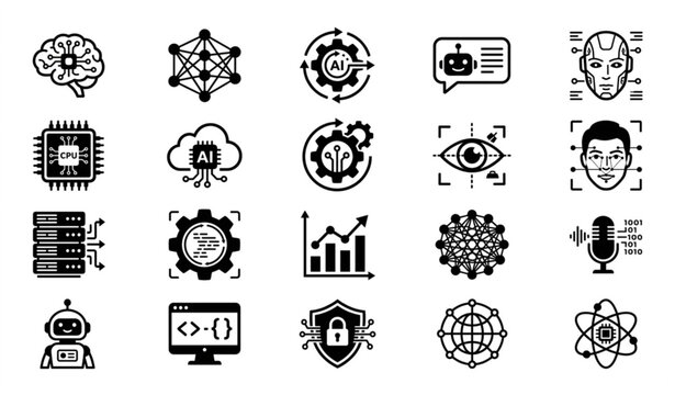 Black and white AI technology icon set with artificial intelligence machine learning and automation symbols vector illustration isolated on white background
